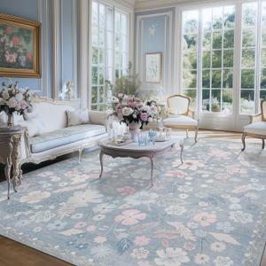 French Country 8x10 Area Rugs for Living Room Washable Blue Floral Stain Resistant Carpet Rug Soft Boho Vintage Garden Low Pile Non Slip Large Rug for Bedroom Dining Room Playroom Nursery,Daphne Blue