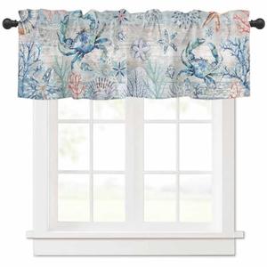 RisQiten Coastal Crab Valances for Windows, Nautical Summer Beach Kitchen Curtains Window Treatment, Ocean Starfish Coral Vintage Rod Pocket Short Window Valances for Living Room/Bedroom, 54" x 18"