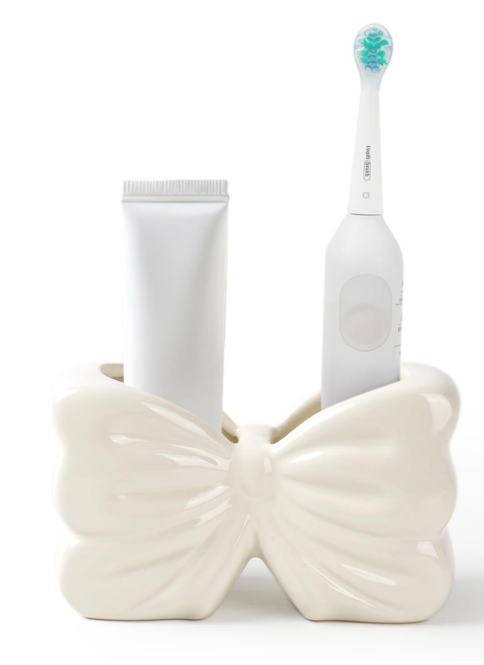 Bow Toothbrush Holder  2-Slot Toothbrush and Toothpaste Holder Cute Toothbrush Holder Set, Bathroom Counter Organizer for Bathrooms Electric Toothbrushes, Floss, Razors - White