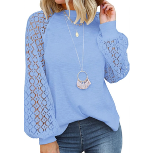 NWT Miholl Womens Blue Waffle Knit Lace Long Sleeves Pullover, Size M