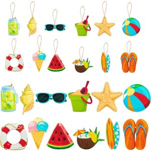 Summer Wooden Hanging Ornaments, 37 Summer Hawaiian Beach Decorations Tree Door Ornaments with String Holiday Party Decorations Painted Ice Cream Watermelon Themed Party Supplies