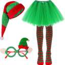 HOVEOX Christmas Elf Costume Set for Women - Hat, Skirt, Socks, Glasses (Green)