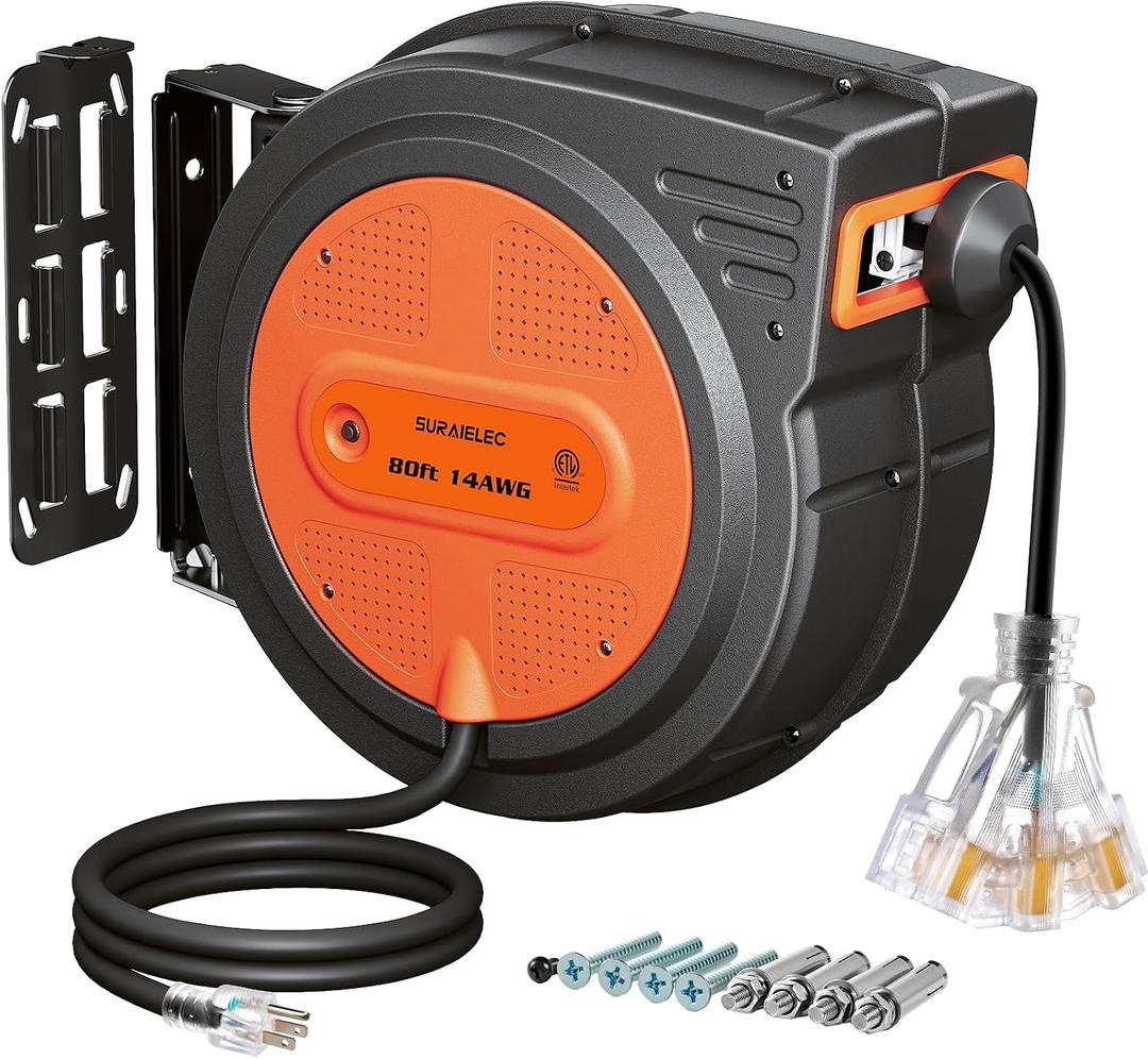 SURAIELEC 80 FT Retractable Extension Cord Reel, 14 AWG SJTOW Power Cord for Garage & Workshop, 10A Circuit Breaker, Wall/Ceiling Mount, Upgraded Anti-Tangle Roller Design, ETL Listed, Orange