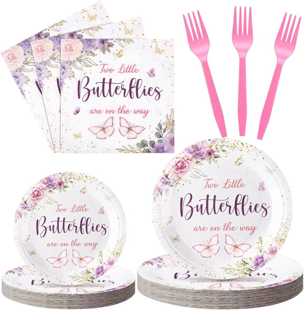 Zhehao 96 Pcs Two Little Butterflies Are on The Way Twins Baby Shower Decorations Butterfly Paper Plates Napkins Cups Knifes Forks Spoons Twins Disposable Tableware Set for Boy Birthday Party Supplies