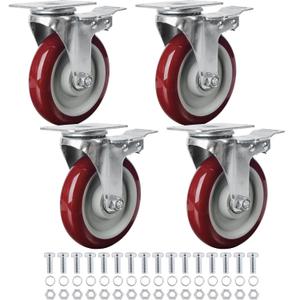 Finnhomy 5 Inch Casters Wheels Set of 4 Heavy Duty Plate Swivel Locking Casters for Furniture/Workbench Premium Industrial Wheels 3000 Lbs Anti-wear Smooth Casters Red (Free Screws)