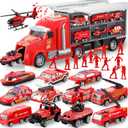 JOYIN 25 in 1 Fire Truck Vehicle Toy Set with Sounds and Lights, Fire Engine Vehicles in Carrier Truck, Mini Rescue Emergency Car Toy, Birthday Gifts for Over 3 Years Old Boys, Easter Basket