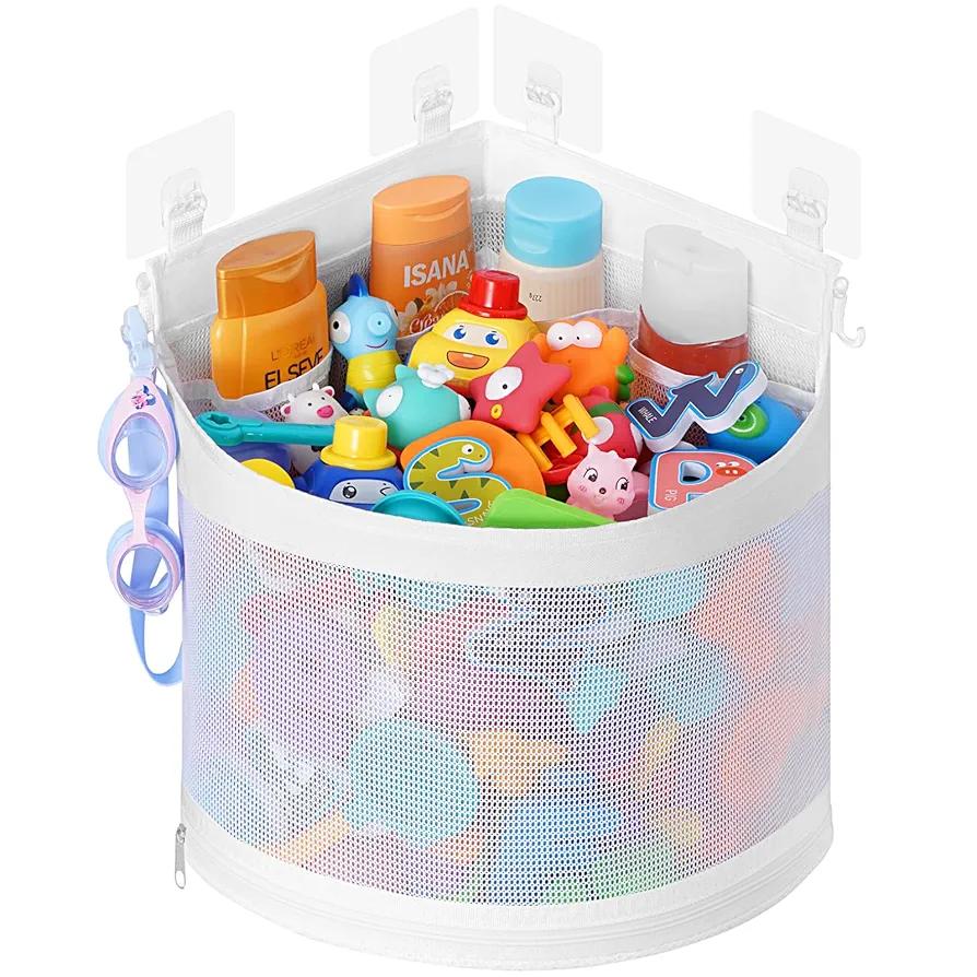 Lifewit Bath Toy Storage Holder, Mesh Shower Caddy for Bathtub Toy Organizer, Corner Hang-Suspension Shower Toy Holder, Bath Toy Basket with 4 Adhesive Hooks for Kids, Toddlers, Medium, White
