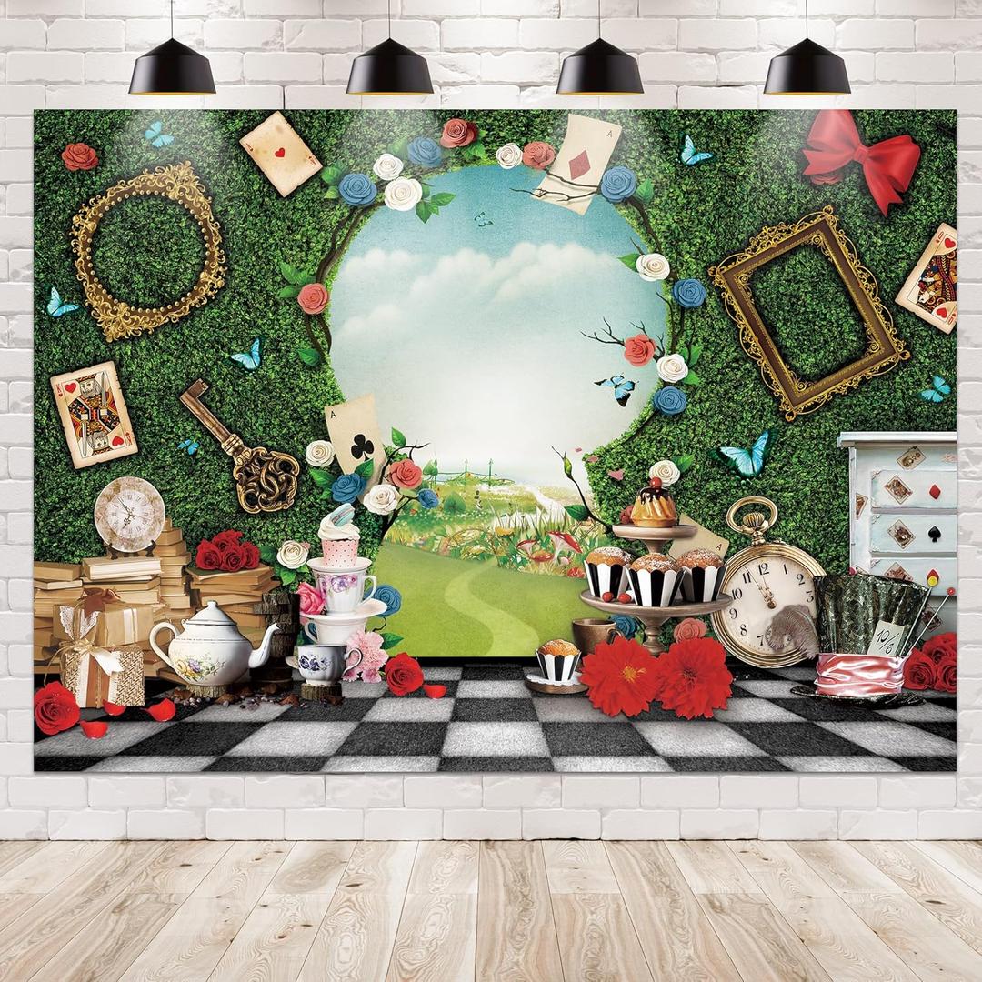 Wonderland Tea Party Photo Backdrop 7Wx5H Photography Key Hold Checkerboard Green Grass Fence Decorations Background for Newborn Baby Shower Fairy Castle Tale Tapestry Banner Props Supplies