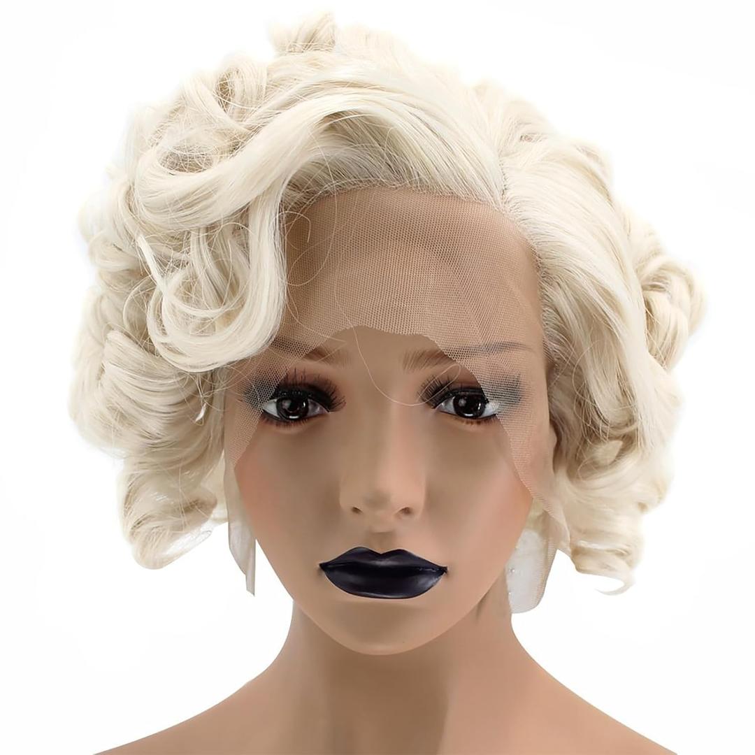 ANOGOL Hair Cap+ 13 * 1 Middle Part Light Blonde Lace Front Wig Synthetic Hair Short Curly 613 Blonde Bob Wigs Glueless Natural Hairline For Women