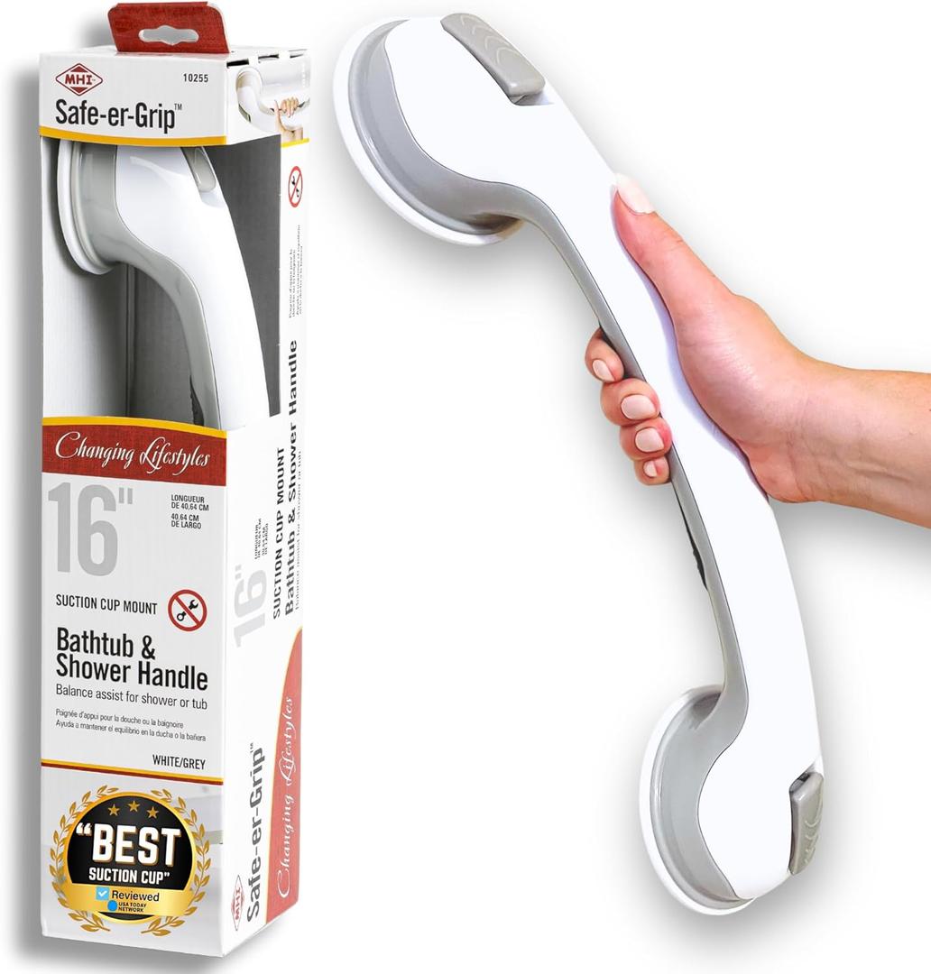 Safe-er-Grip Changing Lifestyles Suction Cup Grab Bars For Bathtubs & Showers; Safety Bathroom Assist Handle, White & Grey, 16 Inches