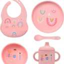 silicone baby feeding set, Baby Led Weaning Supplies Cutlery Feeding Supplies, Baby Utensils Feeding Essentials for Starting Solids5 Piece Set (Pink)