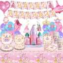 Princess Birthday Party Decorations Princess Plates and Napkins Party Supplies - Happy Birthday Banner, Castle Crown Foil Balloons, Disposable Tablecloth, Cups Sets for Girls Women, Serve 16