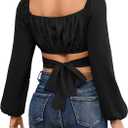 Rooscier Women's Drawstring V Neck Ruched Lantern Long Sleeve Tie Back Crop Top Blouse
