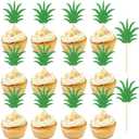 36 PCS Pineapple Cupcake Toppers, Green Glitter Pineapple Cake Toppers for Birthday Decorations, Donut Cake Decorations for Tropical Hawaiian Party Supplies