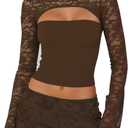 Womens Sexy 2 Piece Mini Skirt Set Long Sleeve Lace Cutout Top Double Lace Mini Bodycon Skirt Y2K Going Out Outfits (Brown, L)
