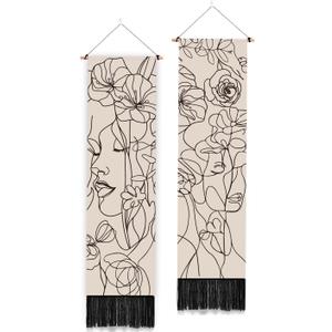 PLIGREAT 2 Pack Line Drawing Style Vertical Tapestry with Tassels Art Line Flowers Lady Wall Hanging for Bedroom Living Room Office Home Decor Long Narrow Art Tapestry, 52" x 13" (Black, Beige)