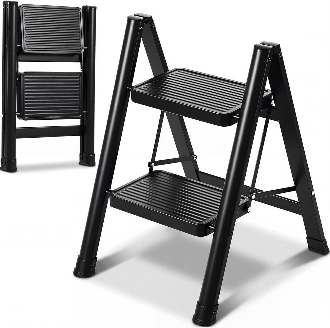 2 Step Ladder Lightweight Portable Folding Step Stool with Anti-Slip Wide Pedal 330lbs Capacity Carbon Steel Ladder for Household,Office,Library (Black)