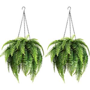2 Set Fake Ferns with Hanging Baskets, Realistic Fake Hanging Plants, UV Resistant Artificial Ferns Outdoor Faux Plants for Front Porch Patio Garden Home Dcor, No Assembly Required
