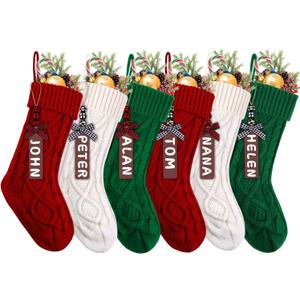 XIMISHOP 6PACK Christmas Stockings,18Inches Large Cable Knitted Stocking Personalized Xmas Hanging Stocking Decorations with Name Tags for Holiday Christmas Party Family Decor (Red White Green)