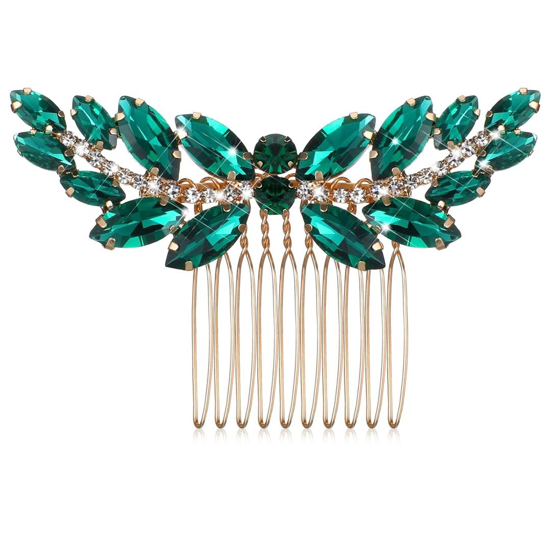 Bridal Wedding Hair Pins, Green Rhinestone Crystal Side Comb, Emerald Green Wedding Hair Comb Piece for Women Girls Prom Bridesmaids Party Photography