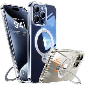 TORRAS Upgraded 360 Spin Magnetic Stand for iPhone 15 Pro Case, Fit for MagSafe, Built-in Kickstand & Ring Holder, Mil-Grade Protective Soft Edge Translucent Case for iPhone 15 Pro, Clear 6.3''