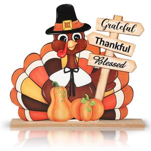 Thanksgiving Decorations Wooden Turkey Pumpkin Table Sign, 10.9 x 11 inches, Modern, Colorful, Tabletop, Wood (Large)