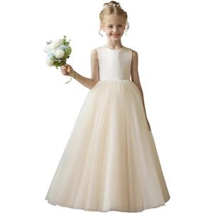 Flower Girl Dresses for Wedding Puffy Satin Tulle Princess Pageant Dress for Girls Crew Neck Tulle Bow Prom Ball Gowns (6, Champagne)