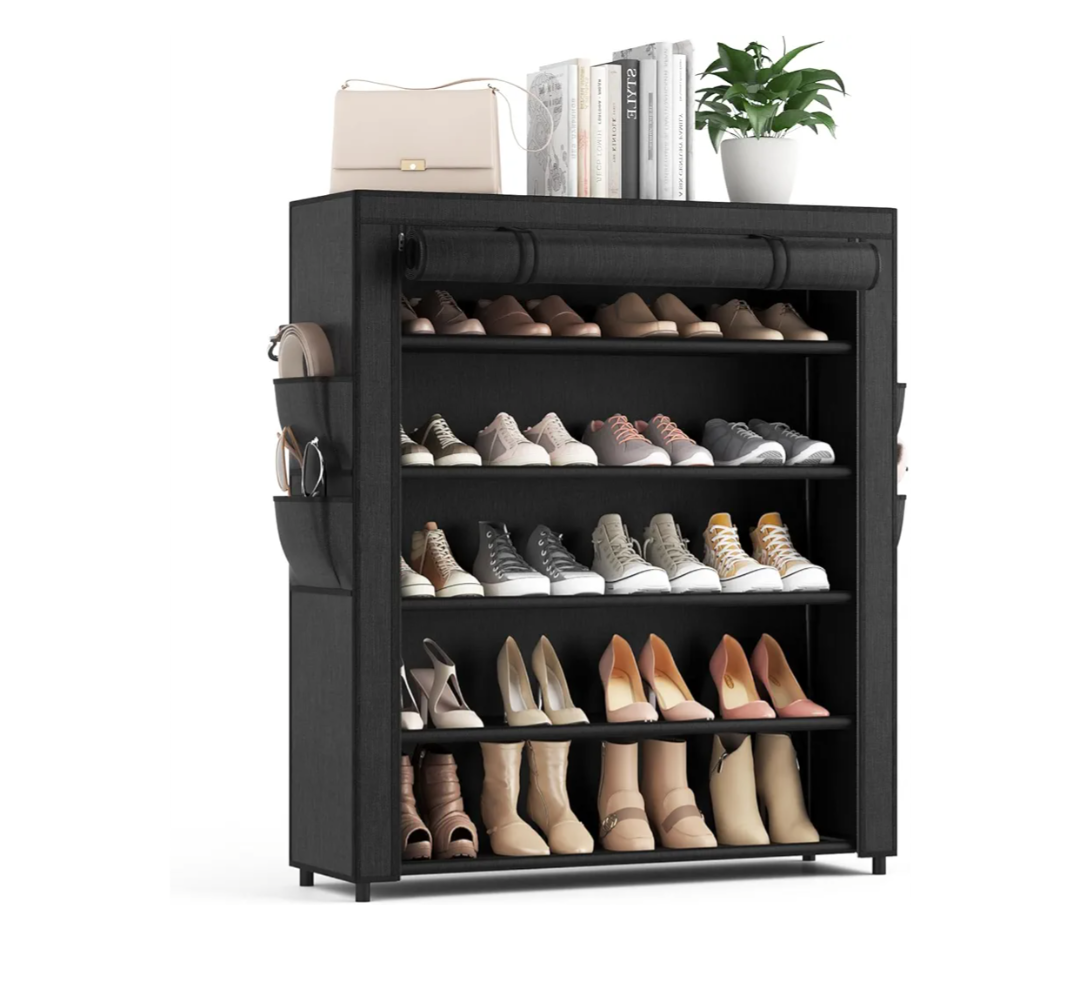 Shoe Rack with Cover, 5 Tier Shoe Organizer Storage for 20-24 Pair Shoes and Boots Large Shoe Storage Shelf Space Saving Vertical Shoe Rack for Closet, Front Door Entrance, Dorm, Garage