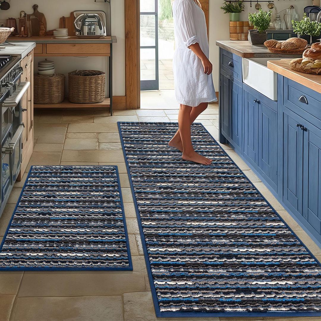 Kitchen Rugs Sets of 2-Non Slip Kitchen Mats for Floor-Thick Stain Resistant Vintage Kitchen Floor Mat Runner Carpet for Hallways Entryway Laundry Room Washable, Navy Blue 22"x59"+20"x32"