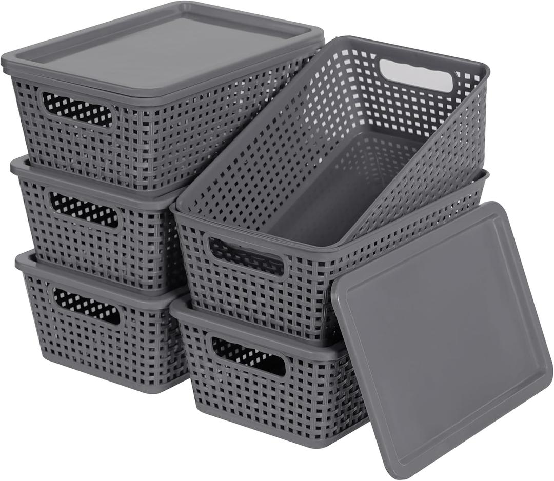 Plastic Storage Baskets With Lid, Storage Bins for Organizing, Stackable Decorative Containers for Shelves Drawers Desktop Closet Playroom Classroom Office, 6 Pack-Grey