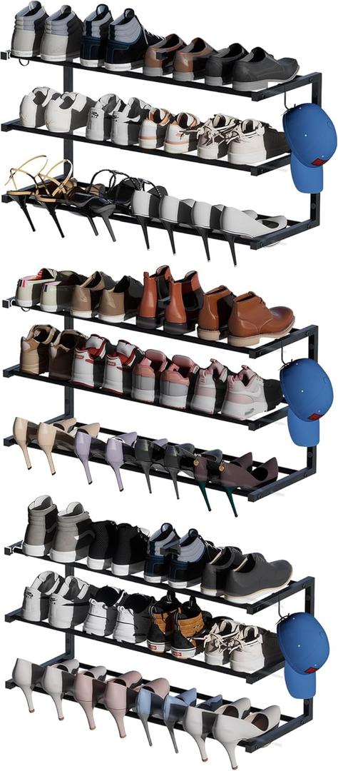 3 Pack Wall Mounted Shoe Rack, 3 Tier Hanging Shoe Rack Holds 36 Pairs, 17"-30"Adjustable Heavy Duty Metal Shoe Organizer Holder with 6 Storage Hooks, Space Saving for Closet Entryway DoorwayBlack)