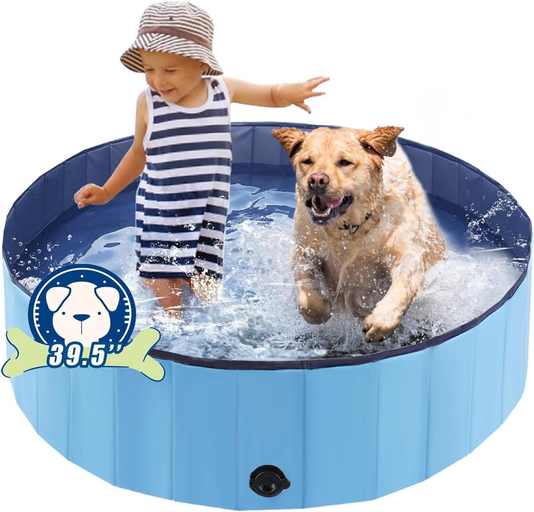 Foldable Dog Pool, Portable Pet Bath Tub and Kiddie Swimming Pool, Collapsible Bathtub for Puppies, Small, Medium and Large Dogs, Cats and Kids, 39.5 x 12 in, Blue
