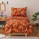 Luxlovery Toddler Comforter Set Orange Floral Botanical Kids Girls Leaves Bedding Set Bed Set for Dorm 4 Pieces (1 Comforter, 1 Flat Sheet, 1 Fitted Sheet, 1 Pillowcase)