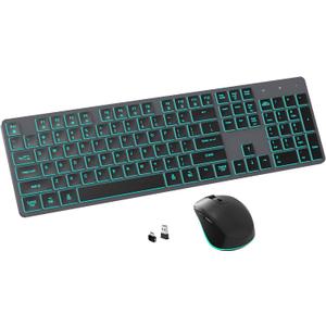 Quiet Wireless Keyboard and Mouse Backlit, Rechargeable Silent Flat Keyboard Mouse Combo, Jiggle Mouse, 2.4GHz Cordless Slim Keyboard Mouse for Mac, Windows, PC Computer, Laptop, Desktop (Space Gray)