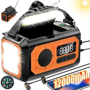 44400mWh/12000mAh Emergency Radio, Hand Crank Portable Solar Radio AM/FM/NOAA Weather Radio with 2 Solar Panels,3 Charging Methods,SOS Alarm,Flashlight,Phone Charger,Compass,Reading Lamp (Orange)