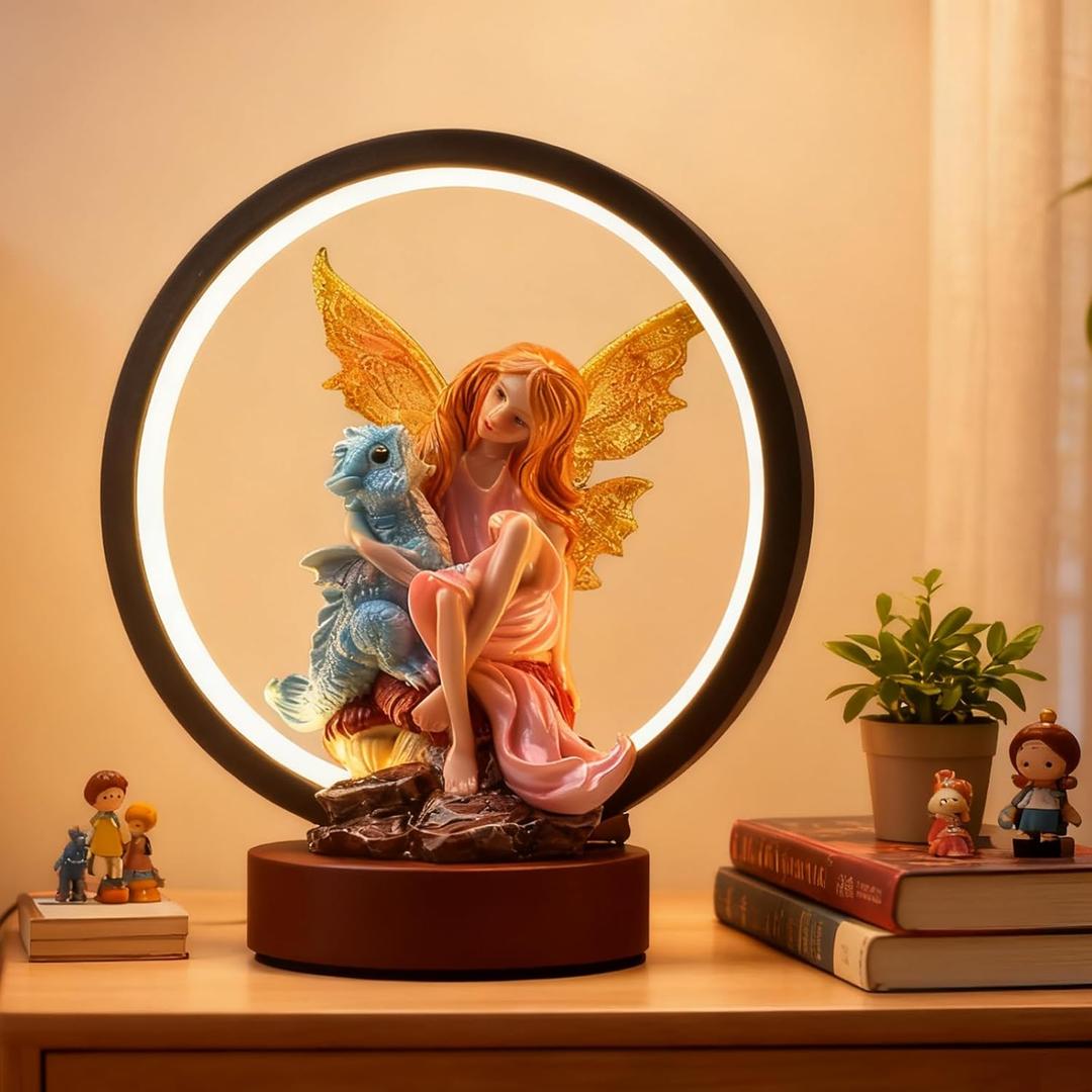 Fairy Dragon Figurine Lamp - Fairy Collection Pixie Statue with 6.15 inch LED Circle Table Lamp for Gifts,Fantasy/Bedroom/Bookshelf/Desk Decoration