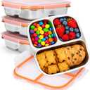 Palksky Snackle Box Container Stainless Steel, 4Pack Reusable Snack Bento Box with Lids, 3 Compartments Metal Food Storage Containers for Picnic, Travel