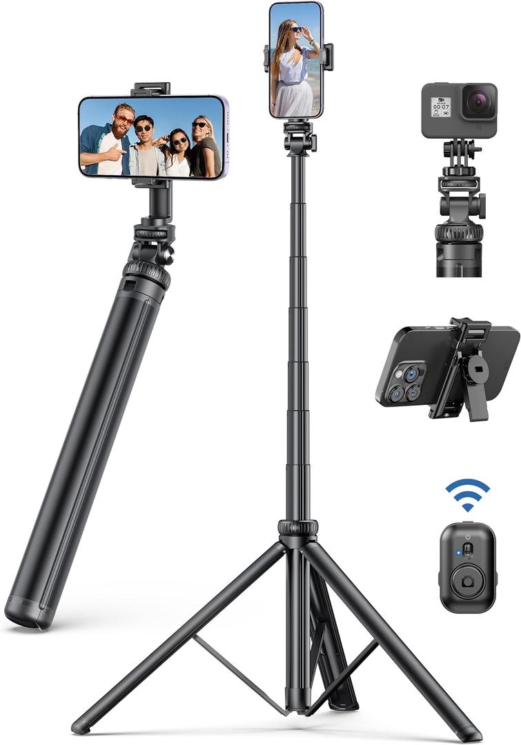 75" Phone Tripod, Selfie Stick with Remote and Phone Holder, Extendable Tripod for iPhone, Aluminum Cellphone TripodStand 360 Rotation Travel Tripods Compatible with iPhone Android, GoPro