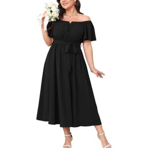 SCOMCHIC Women Plus Size Maxi Dress Off The Shoulder Bridesmaid Formal Wedding Guest Belted Flowy A Line Long Dresses 4XL
