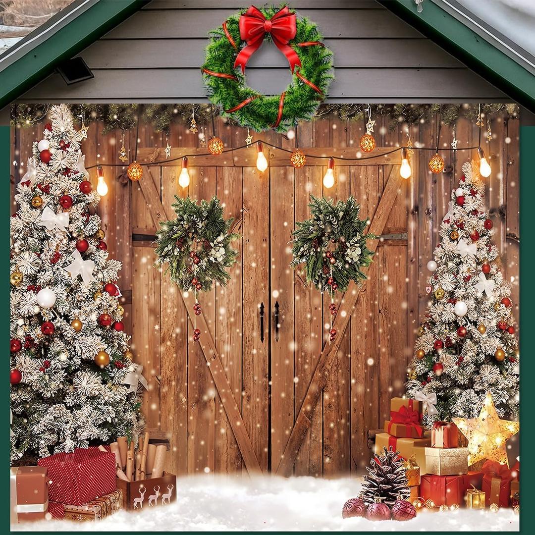 7x8 FT Christmas Garage Door Cover, Rustic Barn Door Garage Door Banner Decorations, Light Strings, Gifts Piles and Xmas Tree Backdrop for Christmas Party Decorative Supplies (Brown)