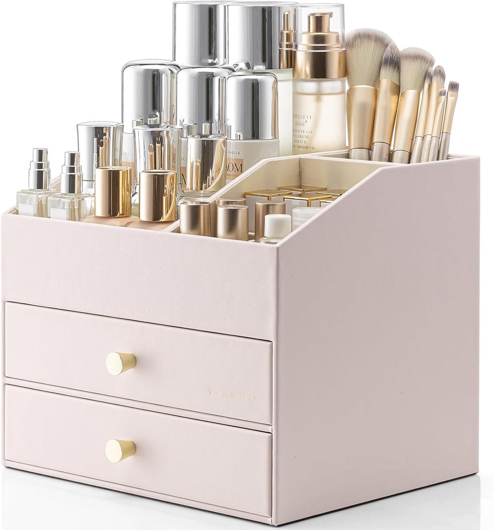 Vlando Makeup Organizer,Skincare Organizer for VanityPU Leather Make up Organizer with Drawers Cosmetic Display Case for Countertop,Perfume,Gifts Ideas for Women (Apricot White)