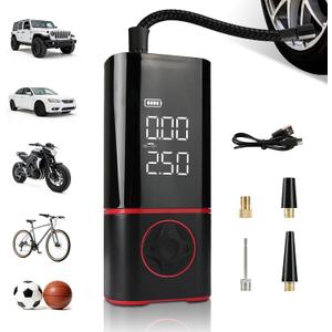 KITLUCK Portable Air Compressor, Tire Inflator with Digital Gauge, 2000mAh Rechargeable Battery, 150 PS, for Car Tires, Bike, Motorcycle, Balls, Air Mattress, Includes LED Light & Multiple Nozzles