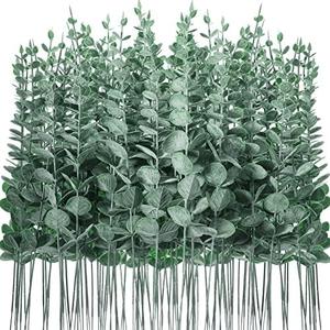 Canlierr 100 Pcs Eucalyptus Stems Faux Greenery Artificial Eucalyptus Leaves Decor Greenery Stems Branch for Wedding Centerpiece Flower Bouquet Farmhouse Home (Dark Green)