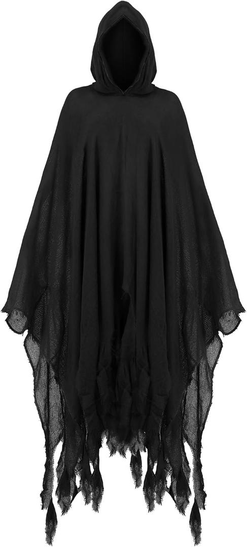 Halloween Grim Reaper Costume Medieval Renaissance Hooded Cloak Gothic Wizard Cape for Adult Halloween Cosplay (Large, Black)