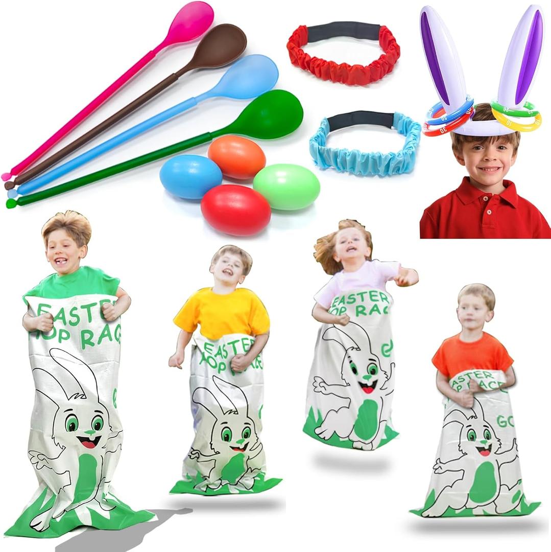 19 Pack Easter Outdoor Party Games for Kid Family, School Carnival Game 4 Bunny Potato Sack Race Bag, Egg and Spoon Relay Race, 2 3-Legged Band, 1 Ear Ring Toss Game (4 Score Rings) Easter Eggs Hunt
