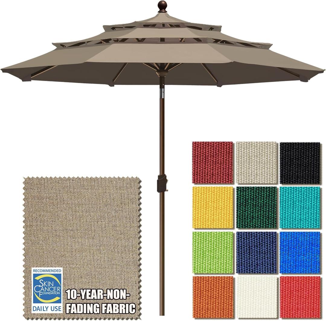EliteShade USA 10-Year-Non-Fading 9ft 3-Tier Market Patio Umbrella, Commercial Grade Outdoor Table Umbrella with Crank Open, Windproof & UPF 50+ UV Protection, Heavy Duty Ventilation for Garden, Deck, Pool, Backyard, Beach & Bistro, Mushroom