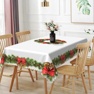 70x108inches Holly Leaves Wreath Rectangle Tablecloth Red Poinsettia Wreath White Table Cloth Polyester Fabric Table Covers for Christmas New Year Winter Holiday Party Outdoor Indoor Decors