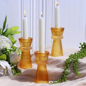 VOHO Vintage Ribbed Taper Candle Holders Set of 3, Boho Amber Candle Sticks Holder Decor Fall Centerpieces for Tables Thanksgiving, Minimalist Tapered Candlestick Holders for Tea Light & Taper Candles