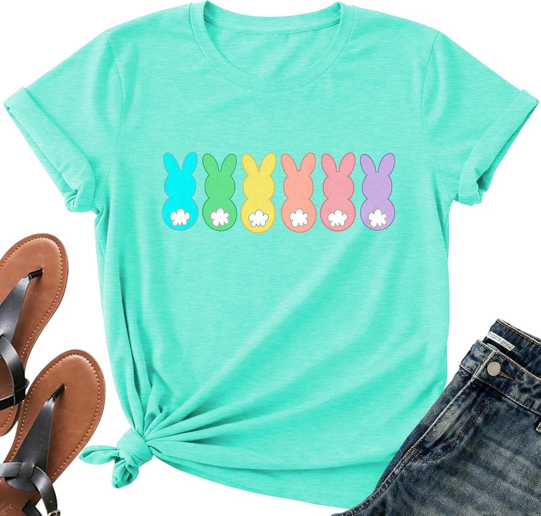 Easter Shirts for Women-Cute Easter Bunny Tee Tops Oh for Peeps Sake Shirt Rabbit Printing Short Sleeves (Small, A-Cyan-041)