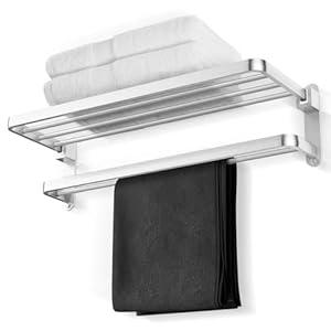 BOZWELL Bathroom Lavatory Towel Rack with Two Towel Bars, Brushed Satin Nickel 24-Inch Towel Shelf with Towel Bar, Towel Holder 1011-BSN-60 (Brushed Satin Nickel Finish)